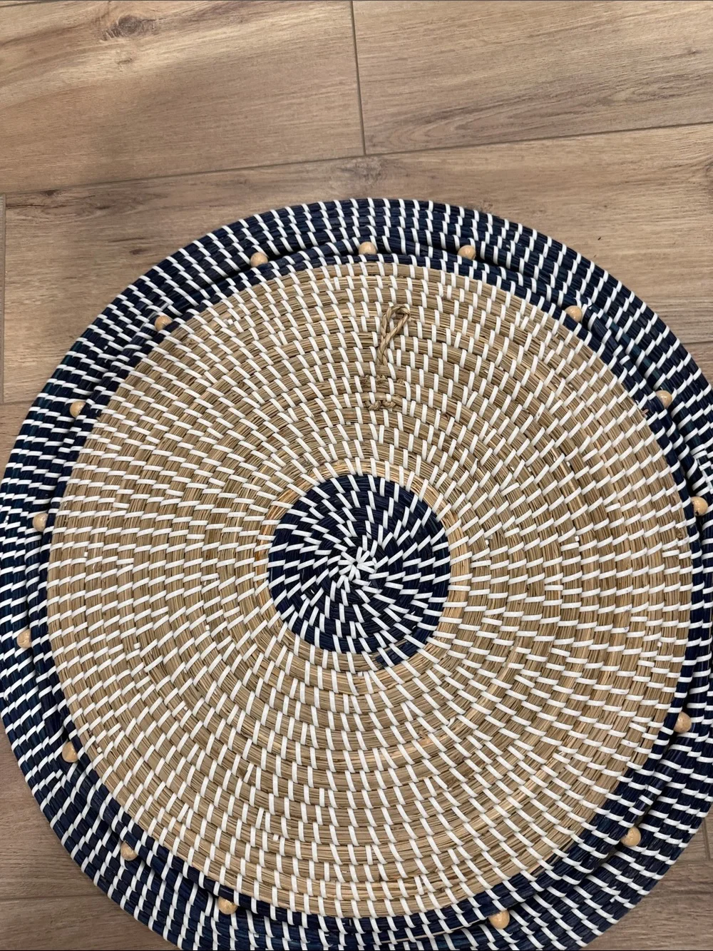 Woven Round Decorative Wall Baskets - Navy & Natural. Set of 2.
